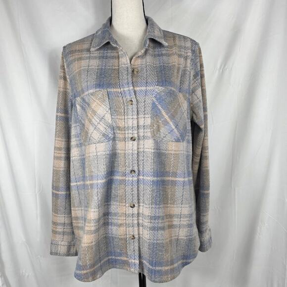 Casa Cabana Plaid Button Down Shacket Women Large Blue Beige Gray Soft Flannel - Picture 2 of 9